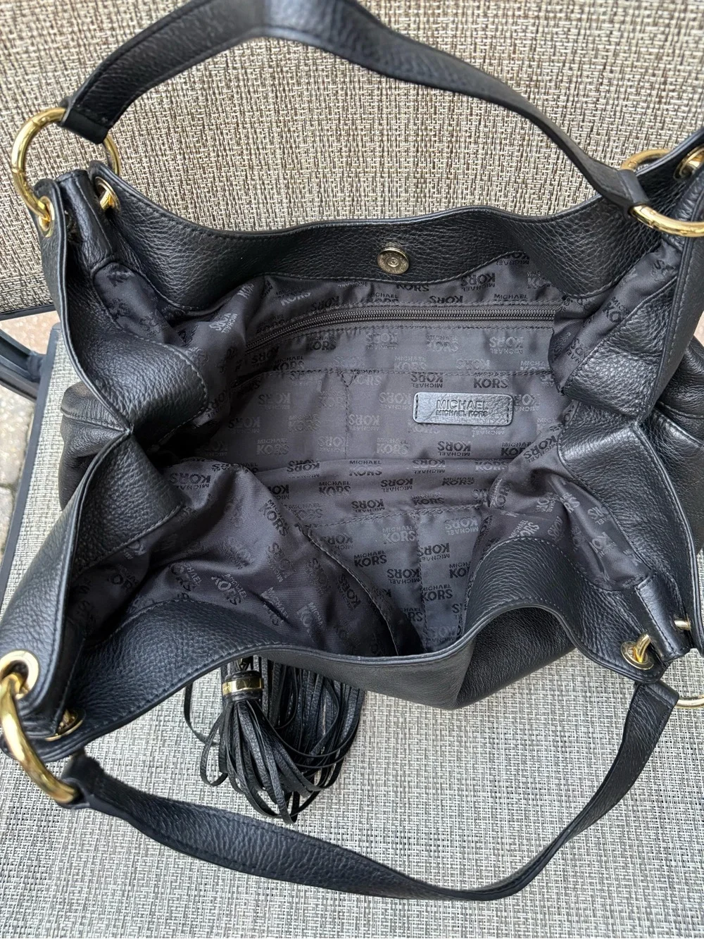 Michael Kors Black Pebbled Leather Hobo with Tassel and Gold Hardware